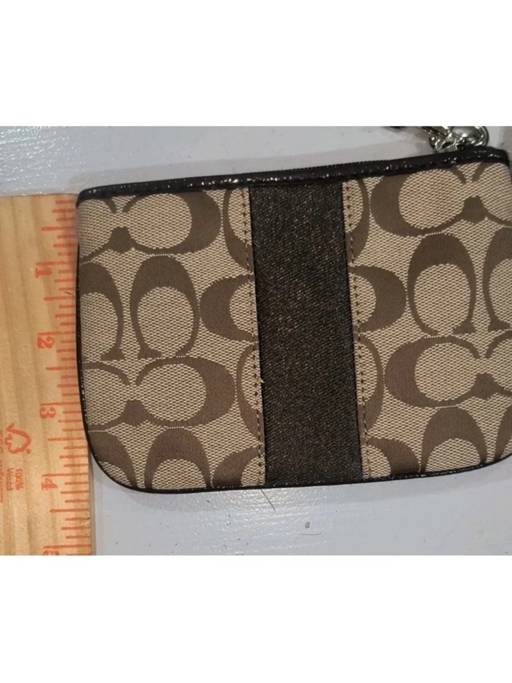 Coach Brown Signature Canvas Wristlet with Dark Brown Trim
